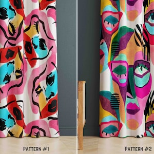 Colorful Pop Art Curtains, Abstract Woman Face Curtain, Art Decor Window Curtains, Funky Design Living Room Curtain, Surrealist Curtain