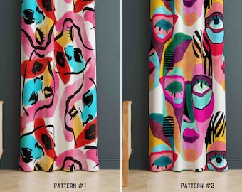 Colorful Pop Art Curtains, Abstract Woman Face Curtain, Art Decor Window Curtains, Funky Design Living Room Curtain, Surrealist Curtain