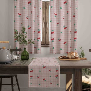 Cherry Print Plaid Drapes, Checkered Fruit Curtains, Blue White Window Covering for Kitchen, Plaid Botanical Drapery, Country Valance Models