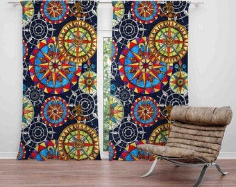 Nautische windroosgordijnen, kleurrijk woondecoratie kust