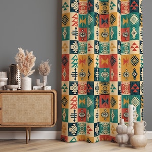 Colorful Southwestern Curtains, Ethnic Patchwork Pattern Window Treatments, Aztec Style Kitchen Drapes, Tribal Living Room Curtain Panels