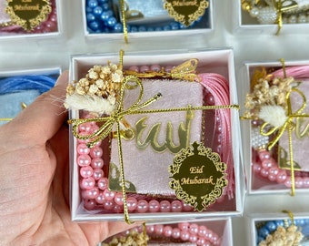 Benutzerdefinierte Mini Koran Gunst, Arabisch Samt Koran, Ramadan Mubarak, Muslimische Babyparty, Personalisieren Samt Mini Koran Tasbeeh Box Geschenkset