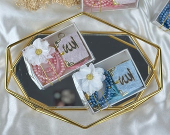 Benutzerdefinierte Mini Koran Tasbeeh Box Geschenkset mit Blume, Muslimische Babyparty, Arabisch Samt Koran, Ramadan Mubarak, Personalisieren Mini Koran Favor