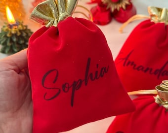 Personalized Velvet Christmas Gift Bag,Custom Name Pouch,Jewellery Pouch,Christmas Eve Box,Red & Gold Holiday Favor Bag,Christmas Party Gift