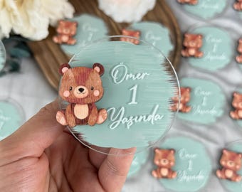Wooden Teddy Bear Figure Plexiglass Magnet Gifts, Mold Green Acrylic Magnet, Teddy Bear Birthday Party Favor, Custom Welcoming Baby Gifts