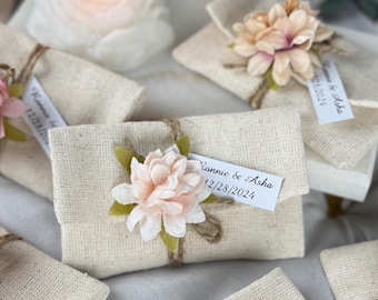 Personalized Lavender Soap Wedding Favors, Linen Pouch, Floral Accent