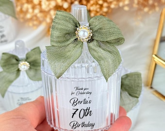 Sage Green Personalized Candle Favors, 40th, 50th, 60th, 70th, 80th, 90th, 100th Birthday Party Favors, Adult Birthday Party Decorations
