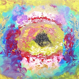 May include: Abstract painting with a central yellow circle surrounded by layers of blue, purple, red, pink, and white paint. The background is a bright yellow.