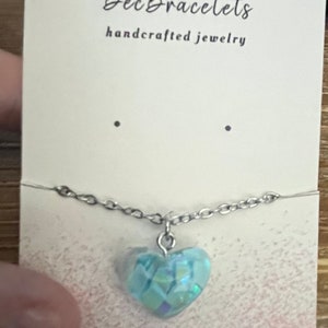Resin Heart Necklace: Blue Confetti Glitter, Sterling Silver Chain