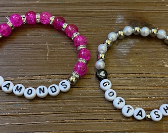 宝石をちりばめた友情ブレスレット 2個セット ピンクラインストーン＆シルバービーズセット「ダイヤモンドは輝かなければならない」