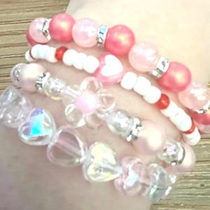 Pink Iridescent Beaded Bracelet Stack - Valentine&#39;s Day Set