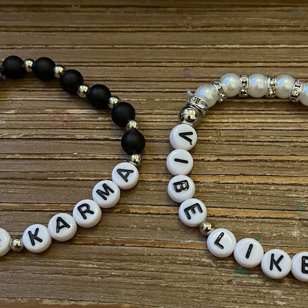 Taylor Midnights Song Karma Bracelet Set of Two: “Me & Karma Vibe Like That” Black Pearl Silver Beaded Bracelet Set of 2 Stacking