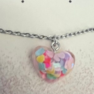 Glitter Heart Resin Necklace: Multi-Color Confetti, Sterling Silver Chain