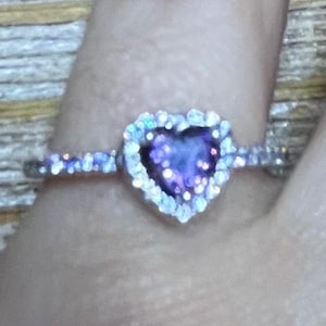 Dainty Silver Purple Zircon Heart Ring, Sterling Silver 925 Heart Ring, Gorgeous Heart Ring, Silver Heart Boho Ring, Purple Rhinestone Heart