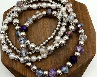 Silver and Purple Sparkly Bracelet Set of 4 Purple Sparkly Stacking Beads Friendship Bracelets Purple Lovers Bracelet Stack