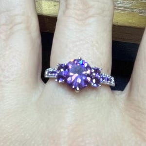 Silver Purple Solitaire Ring, Sterling Silver Purple Stone Ring, Gorgeous Silver Ring, Unique Purple Solitaire Ring w/Purple Adorning Stones