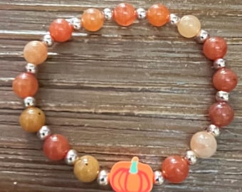 Orange Aventurine Beaded Bracelet with Pumpkin Charm: Fall Stacking Bracelet