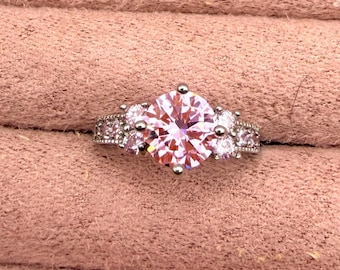 Silver Pink Cubic Zirconia Solitaire Ring Gorgeous Sparkle
