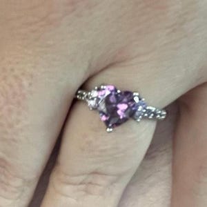 Silver Purple Heart Ring, Sterling Silver 925 Heart Ring, Gorgeous Heart Silver Ring, Silver Heart Ring, Purple Rhinestone Heart Ring