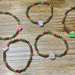 Handmade Christmas  Beaded Bracelets Santa, Reindeer Peppermint Snowman Reindeer Tree Charm Bracelet Red Green & Gold 4mm Holiday Bracelet