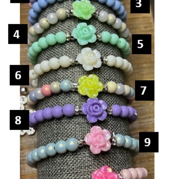 Rose Charm Beaded Bracelets LOTS of Colors to Choose From! Rose Stacking Bracelets Layering Round Acrylic Beads