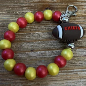 Kansas City Chiefs Wristlet Bracelet Silver Keychain Bracelet Red & Yellow Wooden Beads w/ Chiefs Football Charm Handmade Keychain Wristlet