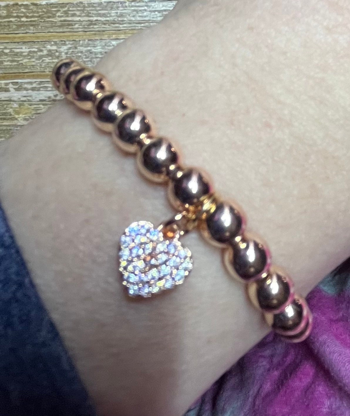 Rose Gold Beaded Bracelet: Rhinestone Heart Charm, Minimalist Jewelry