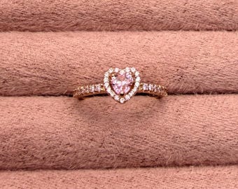 Rose Gold Pink Zircon Heart Ring: Sterling Silver Boho Style Valentine’s Day Galentine’s Day Celebrate Friendship Ring
