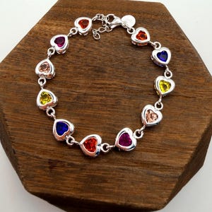 Sterling Silver Heart Bracelet: Colorful Gemstone Link, 8 Inch Adjustable Valentine’s Day Bracelet Gift