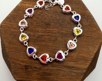 Sterling Silver Heart Bracelet: Colorful Gemstone Link, 8 Inch Adjustable Valentine’s Day Bracelet Gift