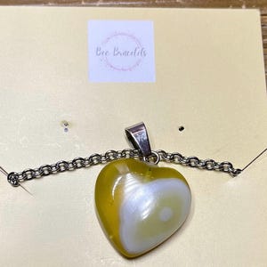 Yellow and White Agate Heart Necklace - 20&quot; Chain