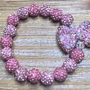 Pink Rhinestone Beaded Bracelet: Silver Clay Pave Bow