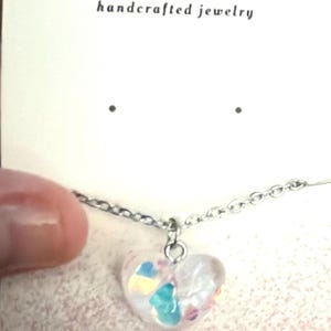 Glitter Heart Resin Necklace: Iridescent Confetti, Sterling Silver Chain