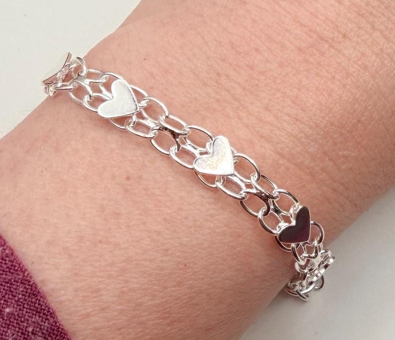 Sterling Silver 925 Heart Bracelet - Layering Link Adjustable Bracelet: Perfect Valentine’s Day Gift! Celebrate Friendship Bracelet Hearts image 4