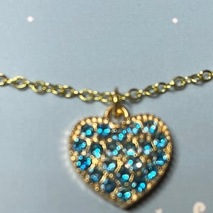 Blue Zircon Rhinestone Heart Necklace Blue Heart Necklace Heart Pendant Gold Rhinestone Heart Necklace Aqua Blue Charm Necklace Aqua Heart