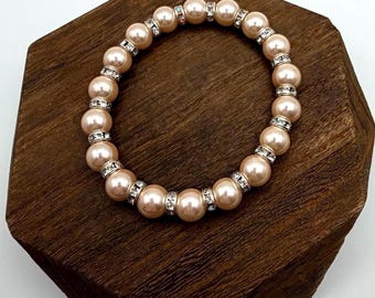 Handmade Light Pink Glass Pearl Bridal Bracelet: Rhinestone Crystal Silver Wedding Jewelry Bridesmaid Bracelet Bride Bracelet Fancy Bracelet