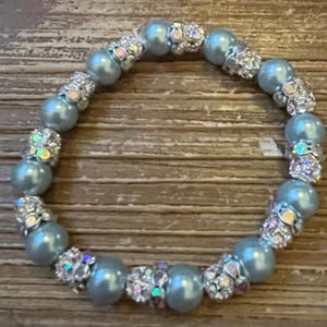 Handmade Blue Pearl Bridal Bracelet: Rhinestone Crystal Silver Wedding Jewelry