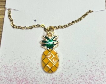 Enameled Glitter Pineapple Necklace: Gold Pendant, 20" Chain
