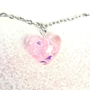Glitter Heart Necklace: Pink Resin Crystal with Sterling Silver Chain