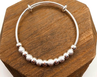 Pulsera tipo brazalete de plata de ley con cuentas - Brazalete ajustable de plata