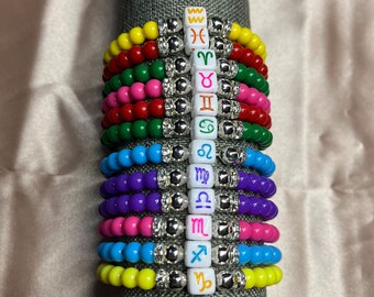 Zodiac Sign Beaded Stretch Bracelet: Rhinestone Astrology Charm