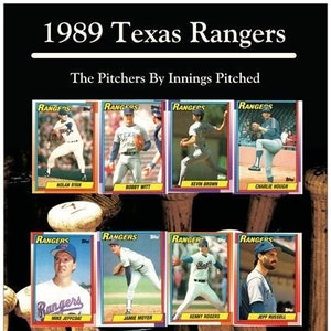 Puede incluir: Un collage de tarjetas de béisbol con jugadores de los Texas Rangers de la temporada 1989. Las tarjetas están dispuestas en una cuadrícula de tres filas y cuatro columnas. Cada tarjeta presenta una foto del jugador, su nombre y el logotipo del equipo. El texto "1989 Texas Rangers" y "The Pitchers By Innings Pitched" está en la parte superior del collage.