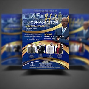 May include: A flyer for the 45th Holy Convocation, a religious event taking place August 26-28. The flyer features a cityscape background with gold accents and a photo of Bishop Derrick K. Watson, the conference host. The event will be held at the Hyatt Regency Hotel in Chicago, Illinois.