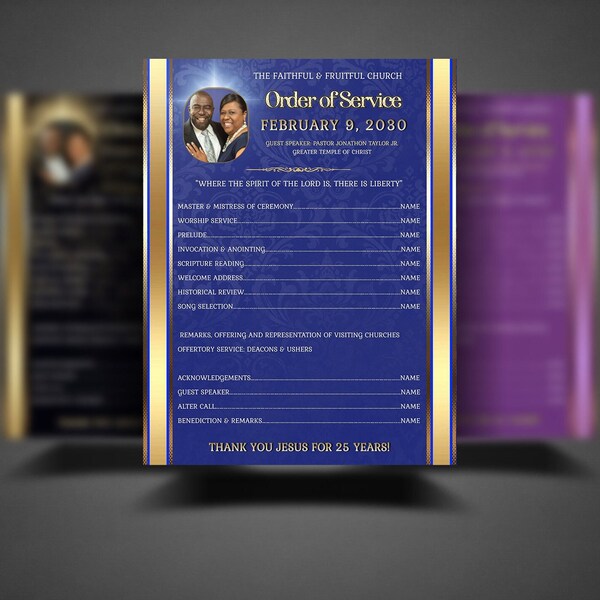 Church Anniversary Flyer & Program Sheet Templates - Vintage Royal Gold - 4 Colors (Black, Blue, Brown, Purple)| Editable in Corjl | 8.5x11