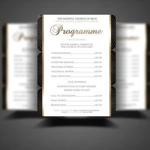 May include: A black and gold church programme with the title "Programme" in gold script. The programme lists the order of service for a church event, including worship service, scripture reading, welcome address, historical review, song selection, love offerings, introduction of guest speaker, spoken word of god, call to discipleship, final words, and benediction.
