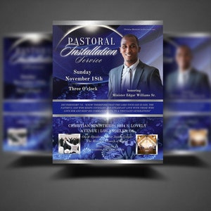 CANVA Pastoral Installation Service Flyer | Blue Silver | Pastor Install Inauguration Letter Program