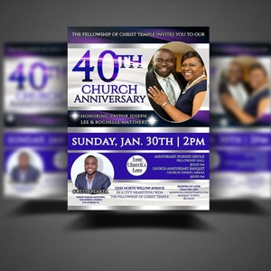 May include: A purple and silver flyer announcing the 40th Church Anniversary of The Fellowship of Christ Temple. The flyer features a photo of a couple, a photo of a guest speaker, and the event details, including the date, time, and location.