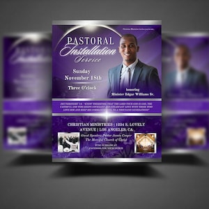 CANVA Pastoral Installation Service Flyer | Purple & Silver Pastor Install Inauguration Letter Program