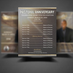 CANVA Pastoral Anniversary Invitation & Program Birthday DIY Flyer | Canva Template | Black Gold and Browned Gray | Size: 8.5x11