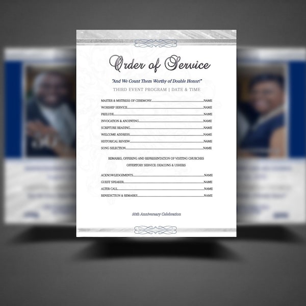 Church Anniversary Double Sided Program - Any Blue Silver | Editable in Corjl | One Sheet | 2 Sizes: 8.5x11 and 5x7 | Front Back